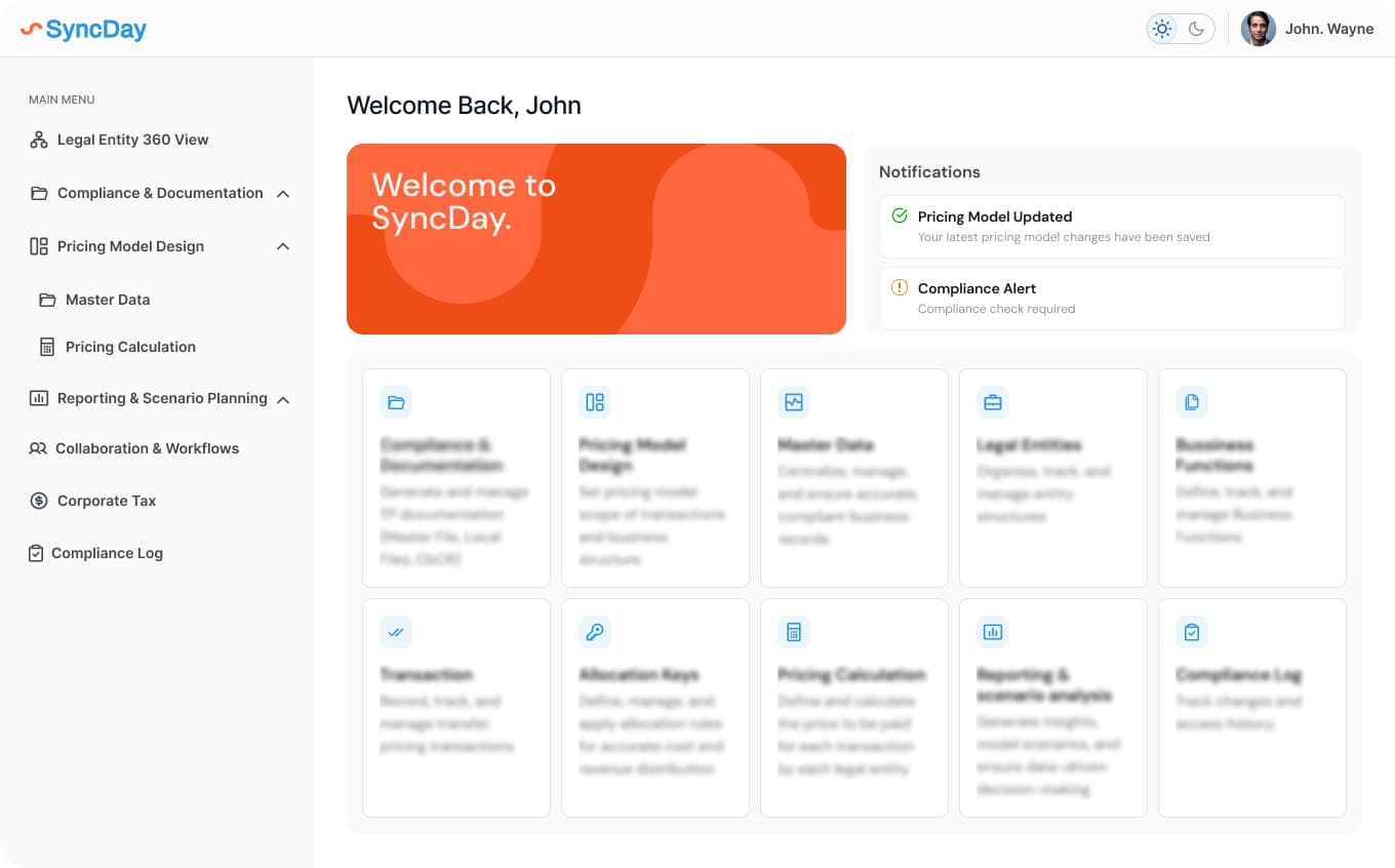 SyncDay dashboard showing intercompany flows, pricing and margin monitoring
